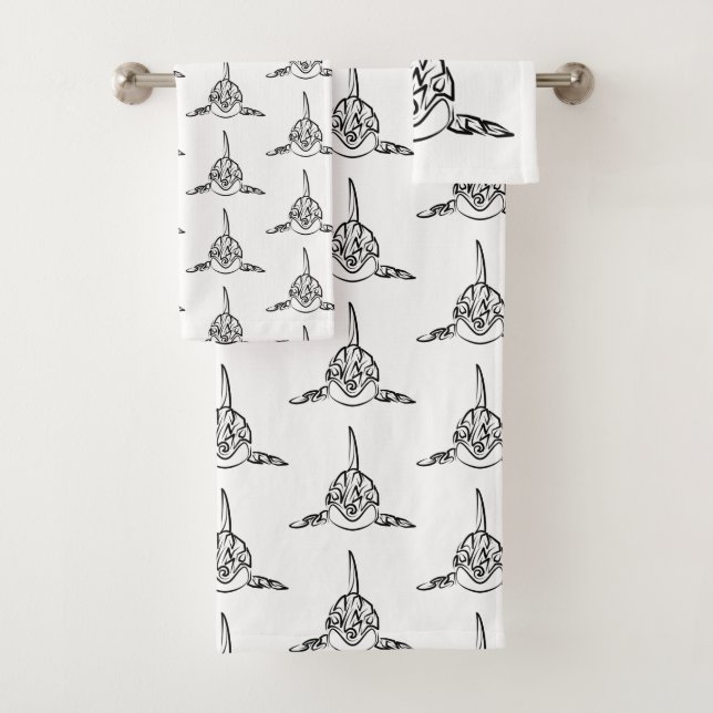 Black and White Tribal Orca Bath Towel Set (Insitu)