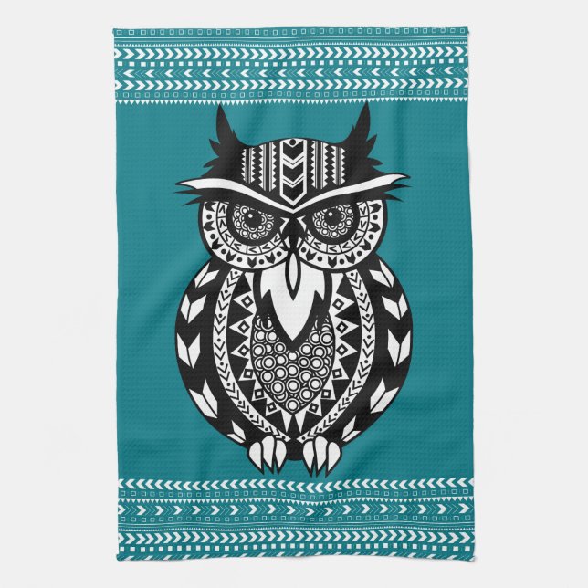 Black and White Tribal Owl Geometric Kitchen Towel (Vertical)