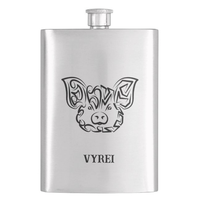 Black and White Tribal Pig Hip Flask (Front)