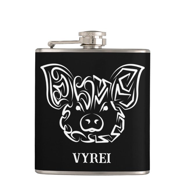 Black and White Tribal Pig Hip Flask (Front)