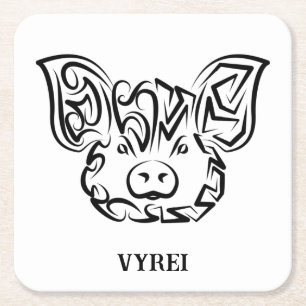 Black and White Tribal Pig Square Paper Coaster