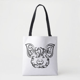 Black and White Tribal Pig Tote Bag