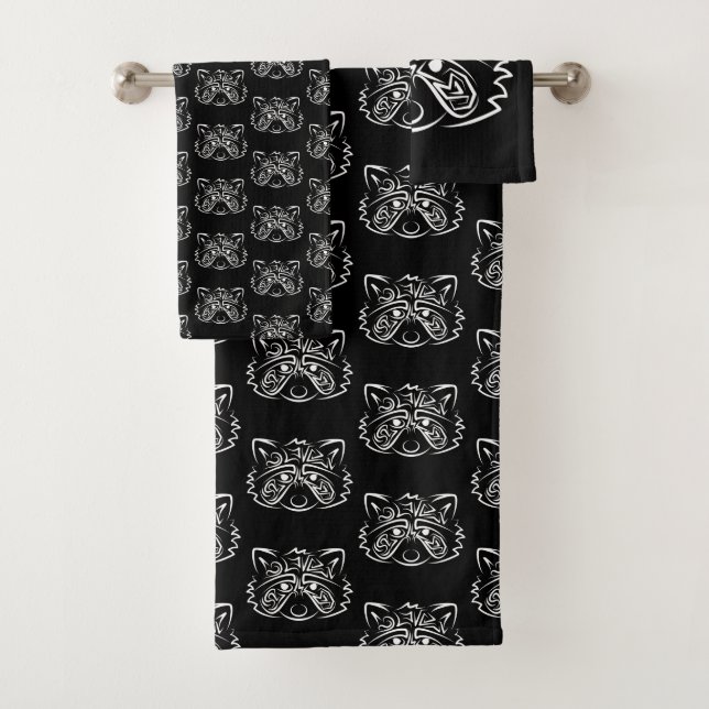 Black and White Tribal Raccoon Bath Towel Set (Insitu)