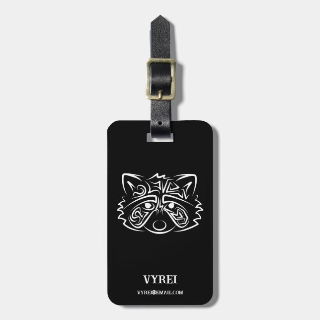Black and White Tribal Raccoon Luggage Tag (Front Vertical)