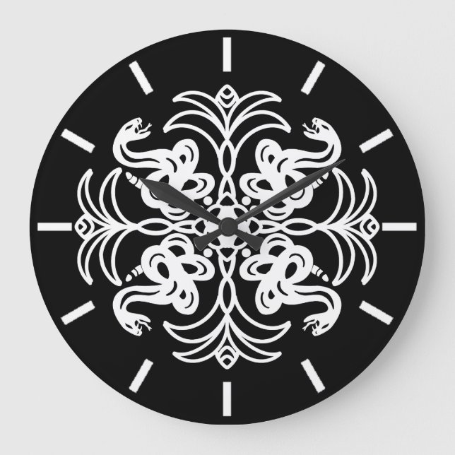 Black and White Tribal Rattlesnake Mandala  Large Clock (Front)