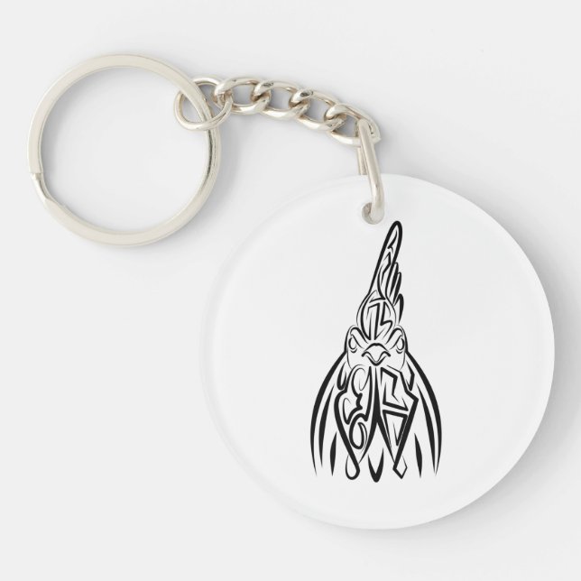 Black and White Tribal Rooster Keychain (Front)