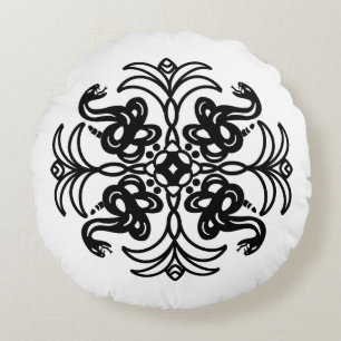 Black and White Tribal Snake Mandala Round Pillow