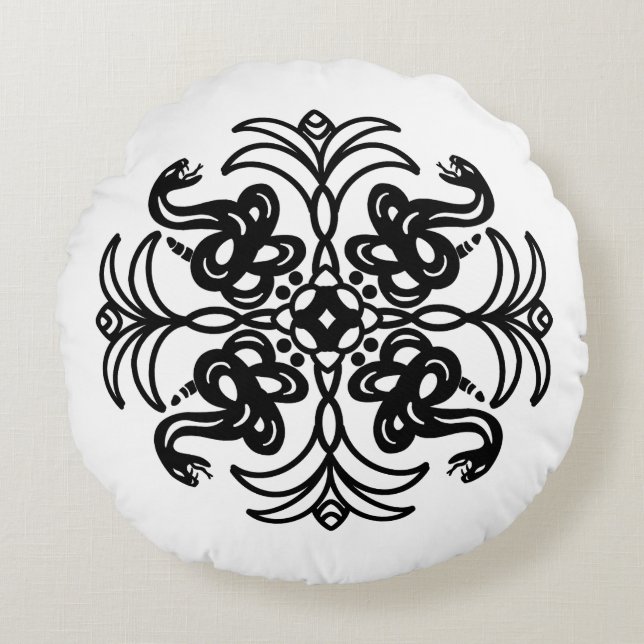 Black and White Tribal Snake Mandala Round Pillow (Front)