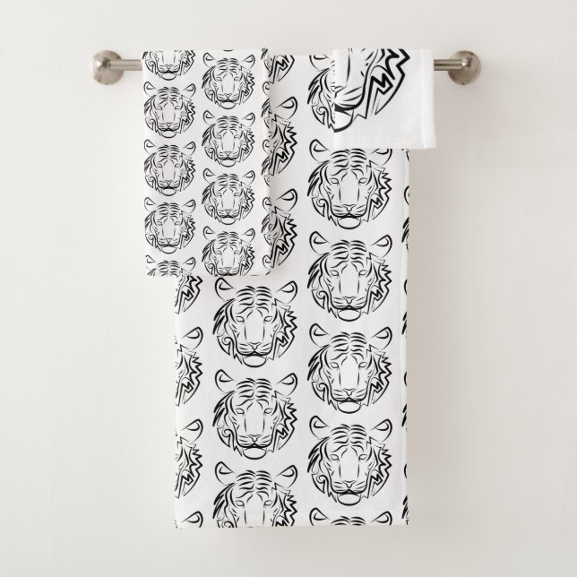 Black and White Tribal Tiger Bath Towel Set (Insitu)