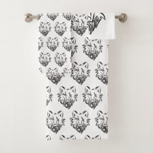 Black and White Tribal Wolf Bath Towel Set