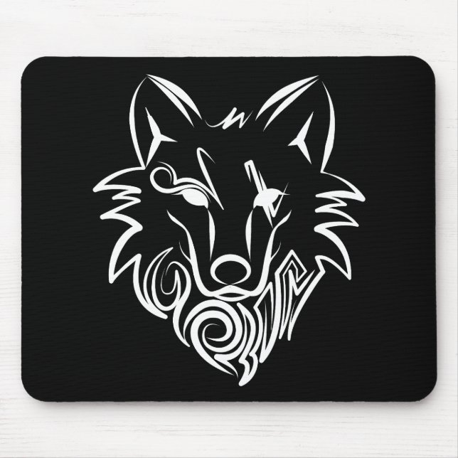 Black and White Tribal Wolf Mouse Pad (Front)