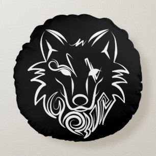 Black and White Tribal Wolf Round Pillow