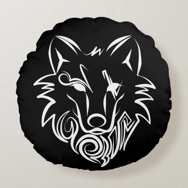 Black and White Tribal Wolf Round Pillow (Front)