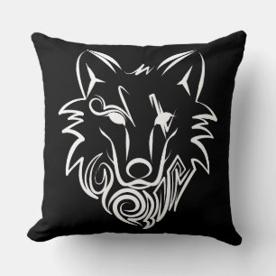Black and White Tribal Wolf Throw Pillow