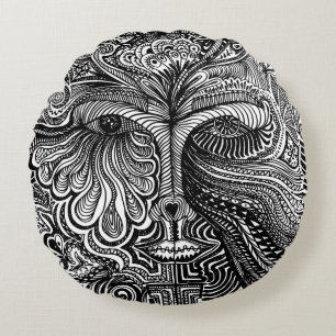 Black and White Trippy Line Portrait Round Pillow