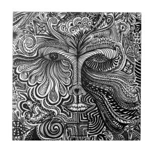 Black and White Trippy Line Portrait Tile