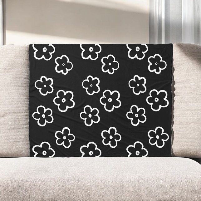 Black and White Tropical Floral Botanical Summer  Fleece Blanket (Creator Uploaded)