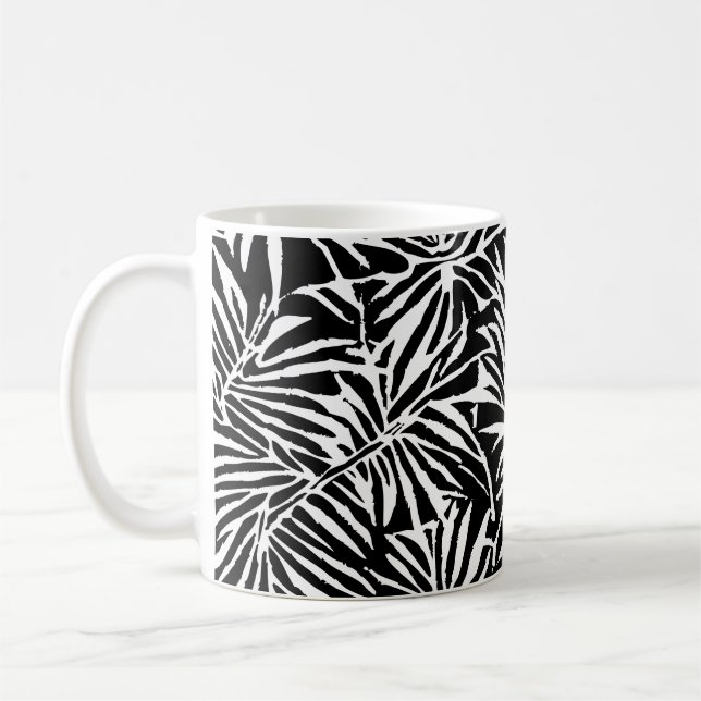 Black And White Tropical Leaf Repeating Pattern Coffee Mug (Left)