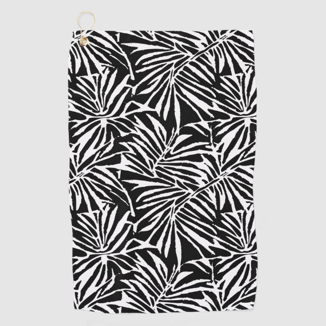 Black And White Tropical Leaf Repeating Pattern Golf Towel (Front)