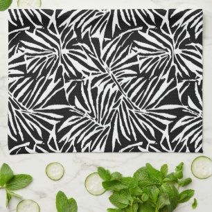Black And White Tropical Leaf Repeating Pattern Kitchen Towel
