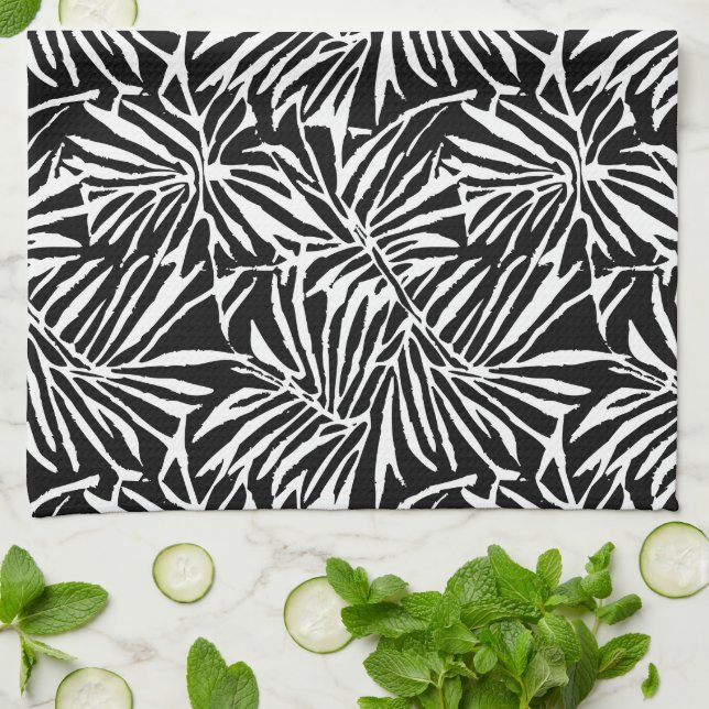 Black And White Tropical Leaf Repeating Pattern Kitchen Towel (Folded)