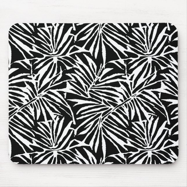 Black And White Tropical Leaf Repeating Pattern Mouse Pad (Front)