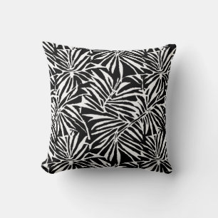 Black and White Tropical Leaf Repeating Pattern Throw Pillow