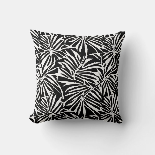 Black and White Tropical Leaf Repeating Pattern Throw Pillow (Front)