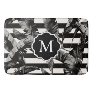 Black and White Tropical Leaves Bath Mat