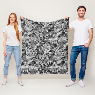 Black and White Tropical Leaves Fleece Blanket