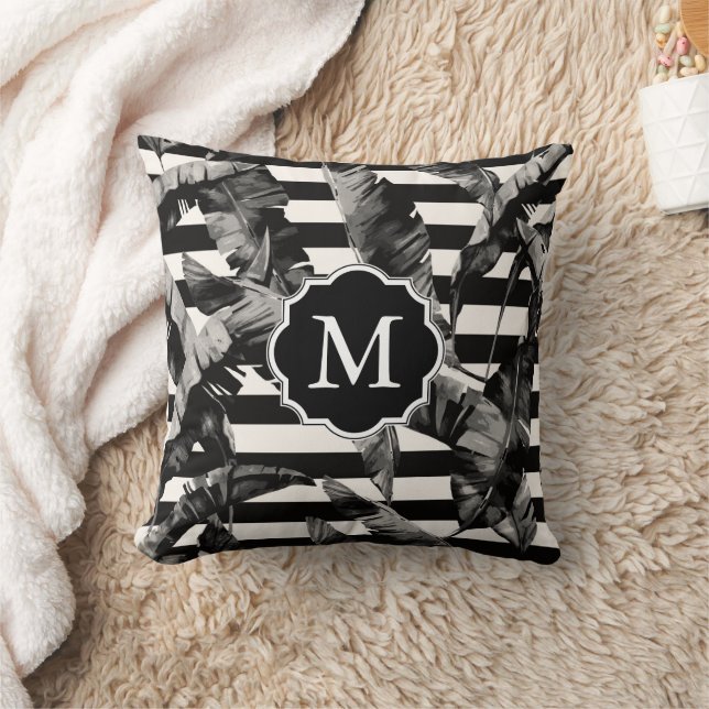 Black and White Tropical Leaves Throw Pillow (Blanket)