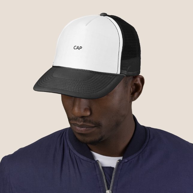 Black and white trucker hat with "CAP" text  (In Situ)