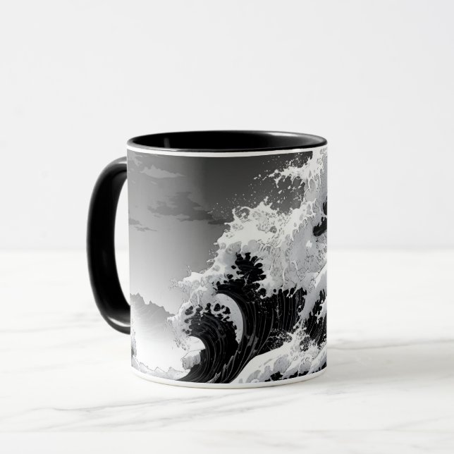 Black and White Tsunami Waves Mug (Front Left)