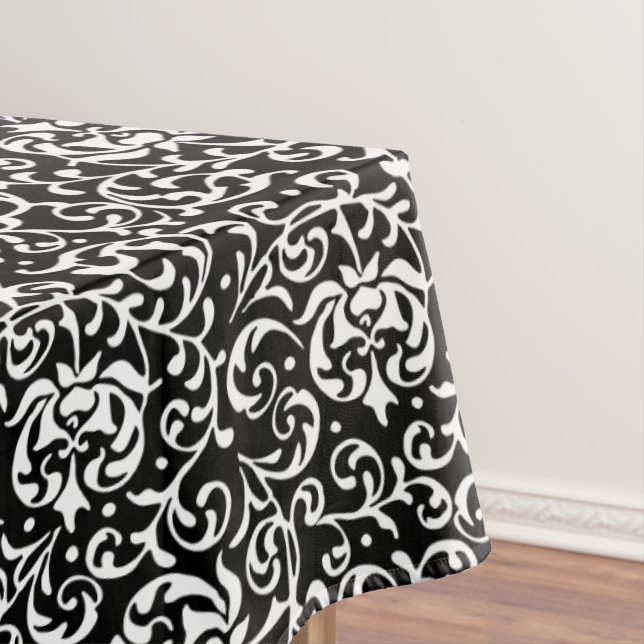 Black and White Tudor Gardens Floral Damask Tablecloth (In Situ)