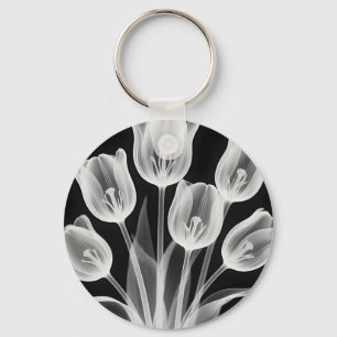 Black and White Tulips Elegant Monochrome Keychain
