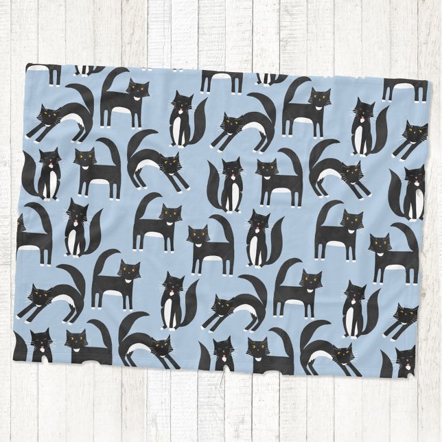 Black and White Tuxedo Cat Blue Fleece Blanket (Black and white tuxedo cat fleece blanket on a blue background)
