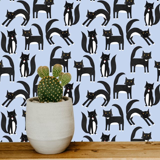 Black and White Tuxedo Cat Blue Pattern Wallpaper (Black and white tuxedo cat  art wallpaper on a blue background)
