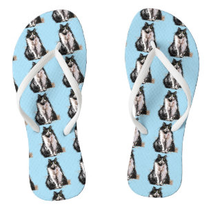Black and White Tuxedo Cat Cats Cute Blue  Flip Flops