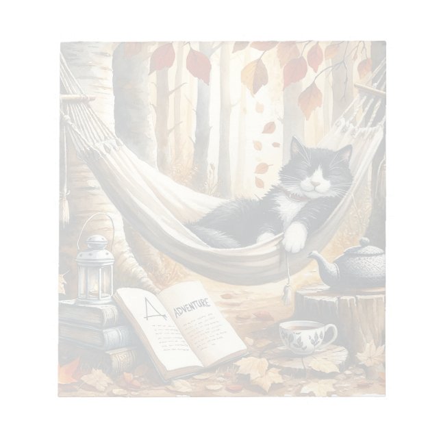 Black and White Tuxedo Cat Dreaming of Adventure Notepad (Front)