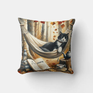 Black and White Tuxedo Cat Dreaming of Adventure Throw Pillow