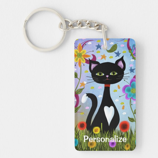 Black And White Tuxedo Cat In A Garden Personalize Keychain (Front)
