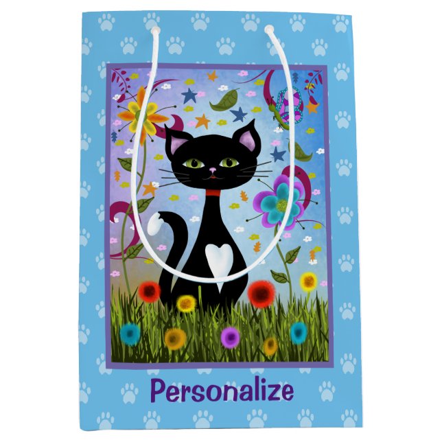 Black And White Tuxedo Cat In A Garden Personalize Medium Gift Bag (Front)