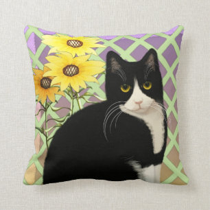 Black and White Tuxedo Cat in the Garden Throw Pillow