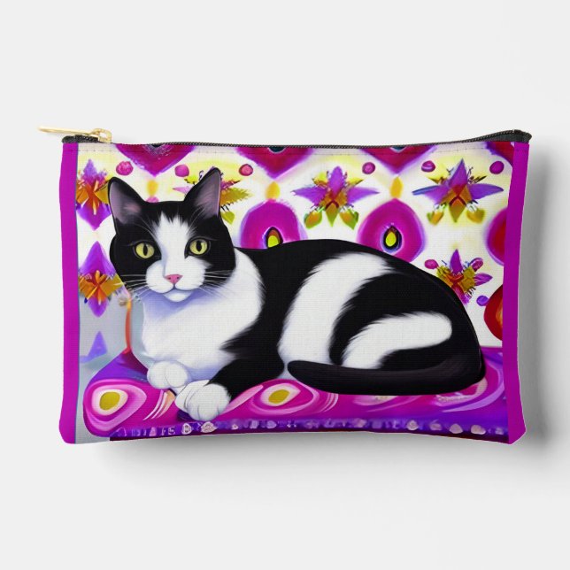 Black and White Tuxedo Cat on a Cushion Accessory Pouch (Front)
