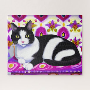 Black and White Tuxedo Cat on a Cushion  Jigsaw Puzzle