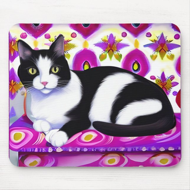 Black and White Tuxedo Cat on a Cushion  Mouse Pad (Front)