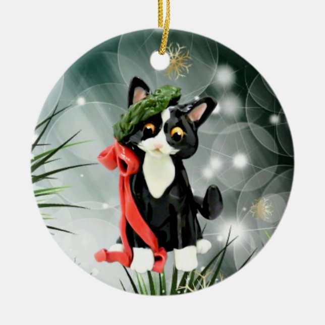 Black and White Tuxedo Cat Ornament (Front)