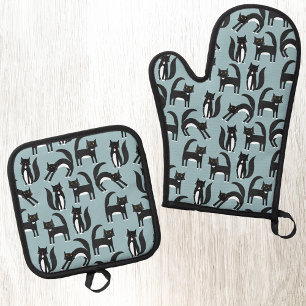 Black and White Tuxedo Cat Pattern Oven Mitt & Pot Holder Set
