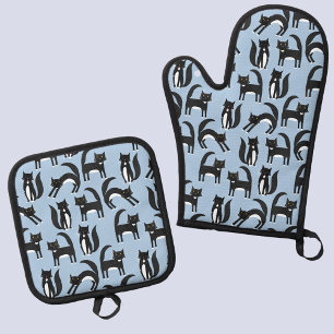 Black and White Tuxedo Cat Pattern Oven Mitt & Pot Holder Set