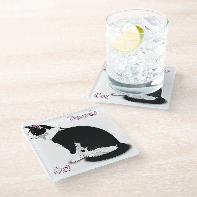 Black and White Tuxedo Cat Personalized Glass Coaster (Angled)